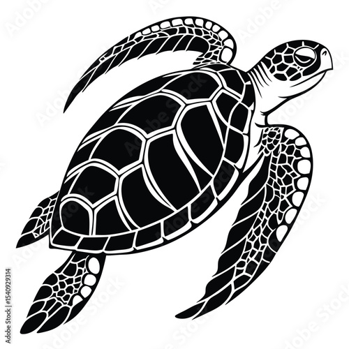 Sea turtle shows its patterned shell and flippers in a unique black artwork
