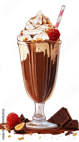 Cartoonish Chocolate Milkshake with Whipped Cream and Raspberry on White Background