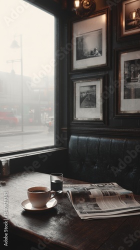 Cozy Coffee Corner With Newspaper and Artwork in a Quaint Caf on a Foggy Morn...