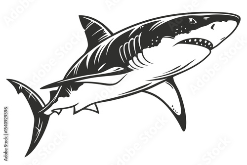 Striking shark glides menacingly, showcasing sharp teeth and powerful form in black and white