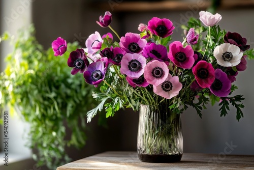 Colorful Bouquet of Anemone Flowers in a Glass Vase on a Wooden Table.