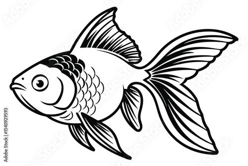 Black and white stylized goldfish swims elegantly with beautiful fins and scales