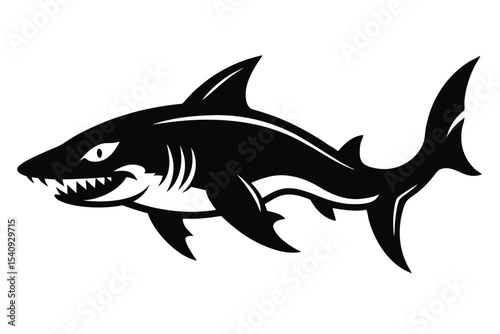 Shark with open mouth and sharp teeth depicted in black silhouette is viewed from its side
