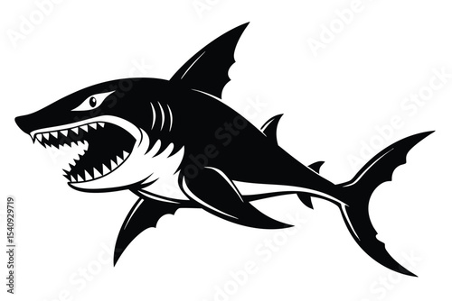 A monochrome shark reveals its sharp teeth in a menacing display of power