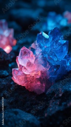 Multicolored Crystals Sparkling in Natural Formation Under Soft Light.
