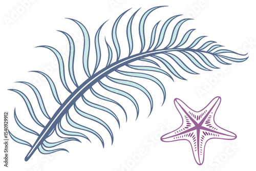 Light blue leaf branch curves gently with a detailed purple starfish on white