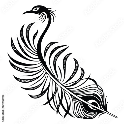 An artistic black bird appears as an elegant feather on a bright white backdrop