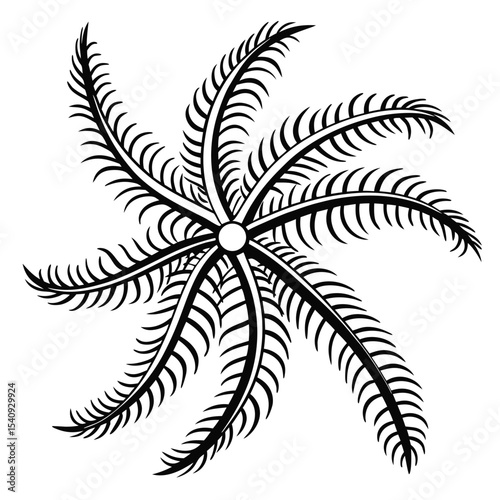 Black botanical burst emerges as a stylized leaf radial element against pure white