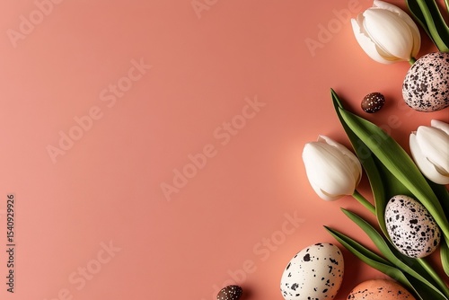 Colorful Easter Eggs and Tulips Arranged on a Pink Background for Spring Cele...