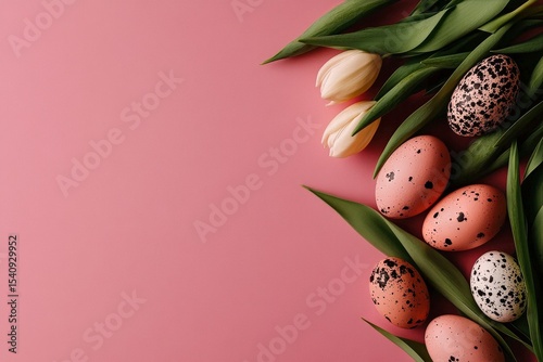 Colorful Easter Eggs and Tulips Arranged on a Pink Background for Spring Cele...