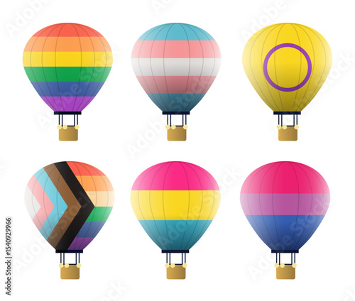 Hot air balloons pride flags LGBTQ colorful festival celebration set isolated on white six designs rainbow gradients flat graphic