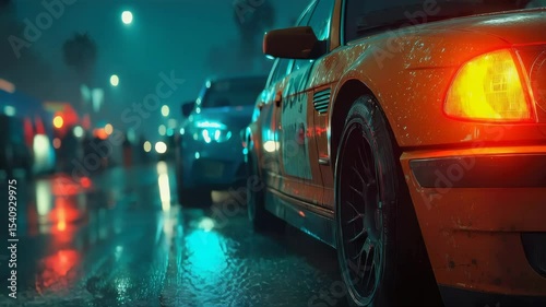 Yellow race car on a wet night street with glowing taillights and urban background