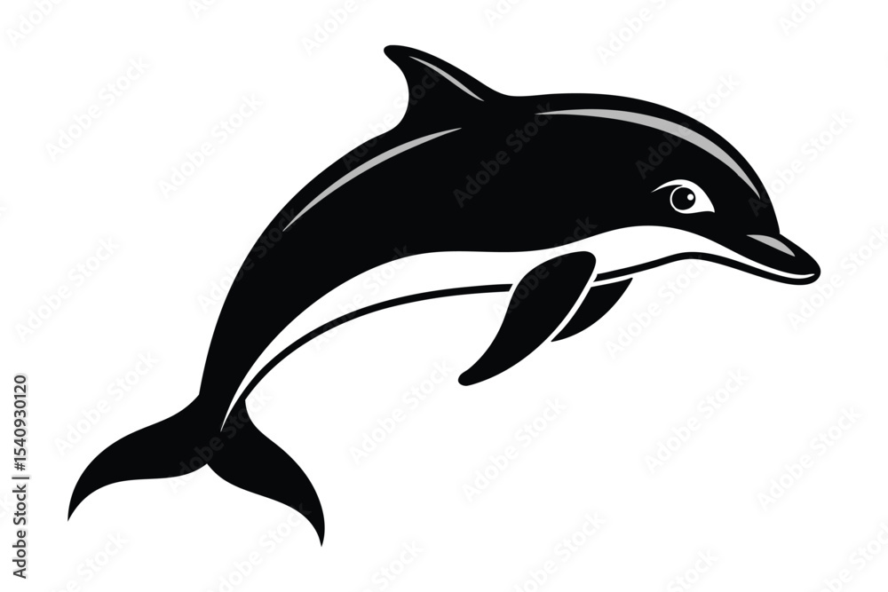 Fototapeta premium Dolphin leaps joyfully in simple black and white art style, isolated