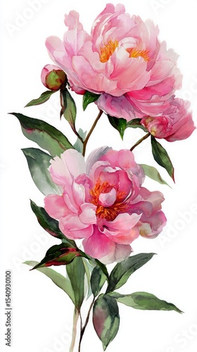 Beautiful Pink Peony Flower With Vibrant Petals and Green Leaves Displayed Ag...