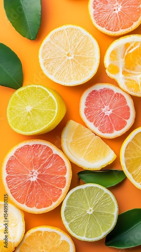 Citrus Slices Arrangement Lime, Lemon, Orange, Grapefruit on Vibrant Orange Backdrop