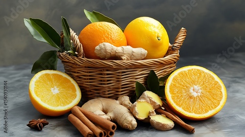 Citrus fruits, whole lemons oranges, ginger roots, cinnamon sticks in wicker basket