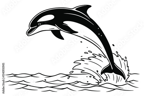 Black and white killer whale leaping over the sea creates a splash of water