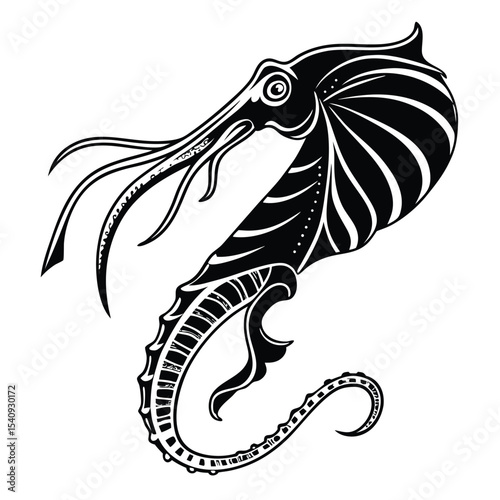 Intricate ammonite nautilus showcases detailed black and white design on a white background