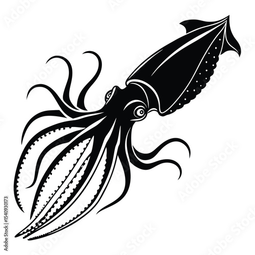 Detailed squid presents in a minimalist black and white style showing its tentacles
