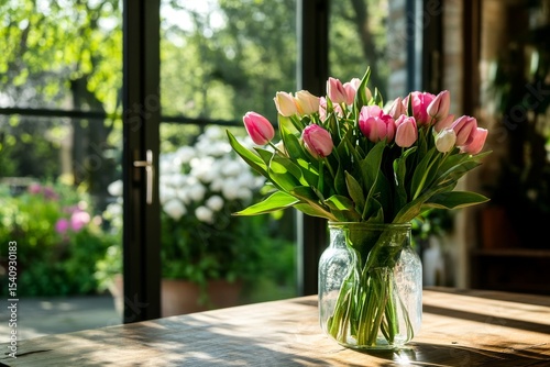 Bright Tulip Bouquet in a Sunlit Room With Garden Views Showcasing Vibrant Sp...