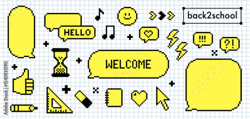 Pixel art retro dialogue box. 8 bit school themed vector elements over notebook grid. Speech bubble text Welcome, arrow, heart, music note. Chat balloon for text message, back to school digital design