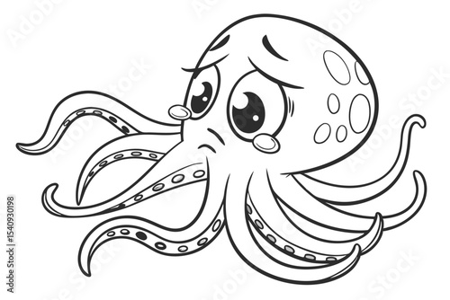 Crying octopus character outlined with eight arms and polka dots shows sadness in eyes