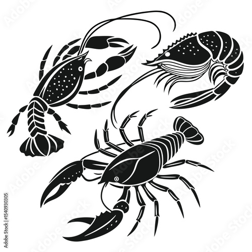 Three black silhouette crawfish creatures display unique anatomical details against the white background