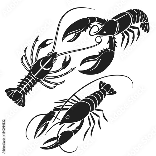 Monochrome portrayal features crustacean animals including a lobster and some shrimp on a white canvas