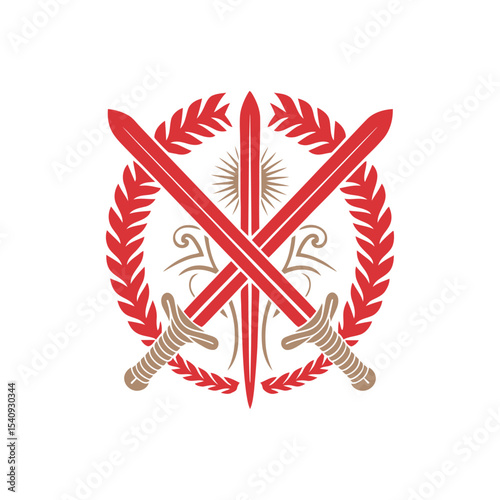 Heraldic Crossed Swords and Laurel Wreath Emblem