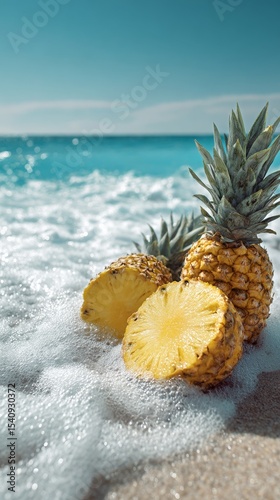Pineapples Resting on a Beach Shore With Gentle Waves on a Sunny Day
