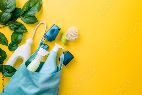 Cleaning Supplies in Blue Textured Bag with Greenery on Bright Yellow Background