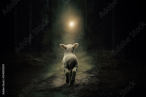 One Missing Lamb at Forest Night, Bible Concept of Jesus Looking for Lost Sheep