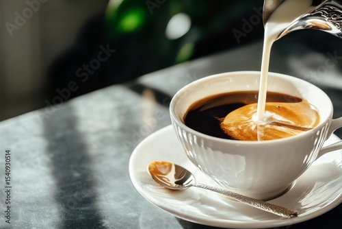 Pouring Milk Into Espresso Cup at a Cozy Cafe During Morning Hours.