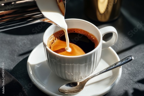 Pouring Milk Into Espresso Cup at a Cozy Cafe During Morning Hours