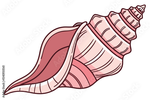 A beautifully drawn pink conch shell with ridges and unique patterns shines brightly