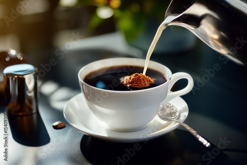 Coffee Being Poured Into a Cup on a Marble Table With Sunlight Streaming in F...