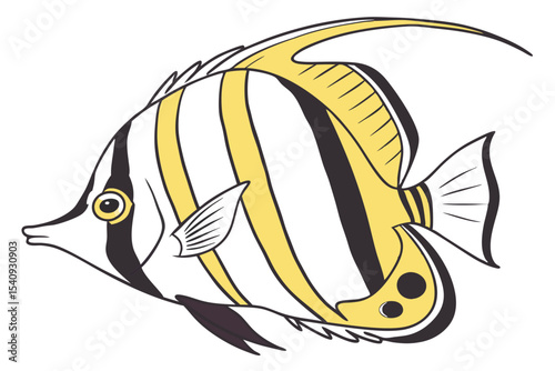 Butterflyfish swims gracefully with its striking yellow and black stripes along the pristine white backdrop