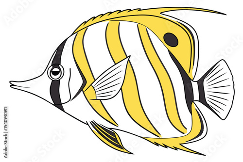Striped reef fish swims with its distinctive black spot and yellow markings showing prominently