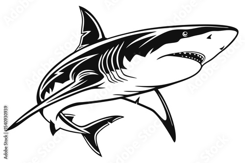 Bold shark swims forward in a monochrome emblem with a toothy grin displayed