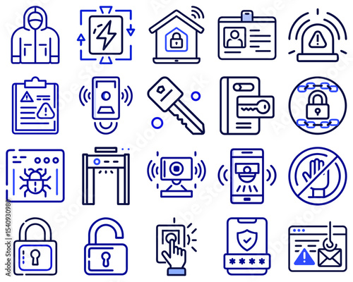 Vector icons for security with protective symbols and various tools