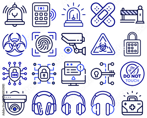 Security and Safety Icon Set Featuring Emergency Symbols and Devices