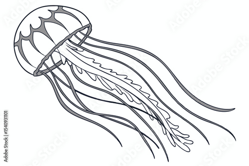 Artistic illustration of a white jellyfish with gray flowing tentacles against a blank backdrop