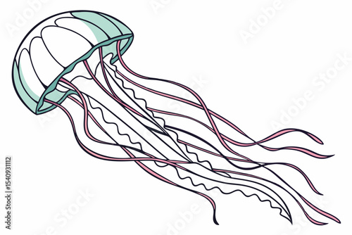 Mint green jellyfish with pink tentacles swims gracefully in a serene ocean setting