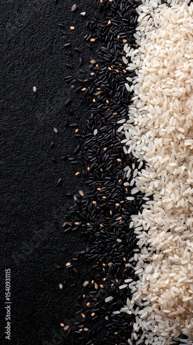 Variety of Rice and Seasonings Displayed on a Dark Surface With Wooden Bowls ...