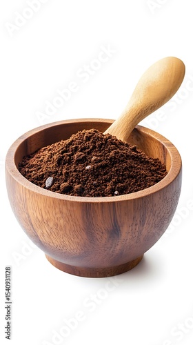 Coffee Grounds in Wooden Bowl with Spoon on White Background Stock