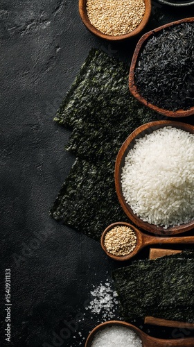 Variety of Rice and Seasonings Displayed on a Dark Surface With Wooden Bowls ...