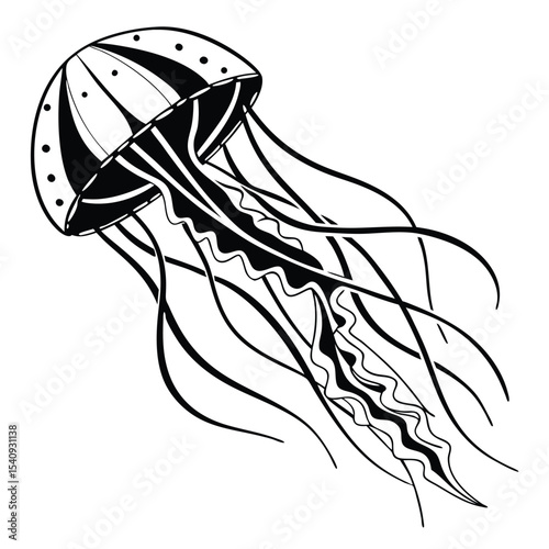 A detailed jellyfish with stripes and dots gracefully swims, showcasing beautiful flowing tentacles