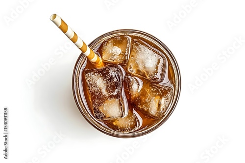 Cola With Ice Cubes, BrownWhite Striped Straw, Refreshing Drink on White Surface