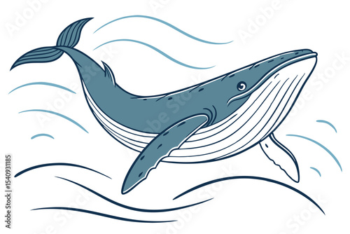 Stylized whale swims gracefully in blue waves, creating a majestic of ocean life