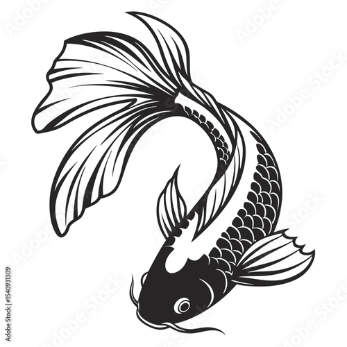Elegant black and white drawing shows koi fish swimming gracefully downward in artistic detail